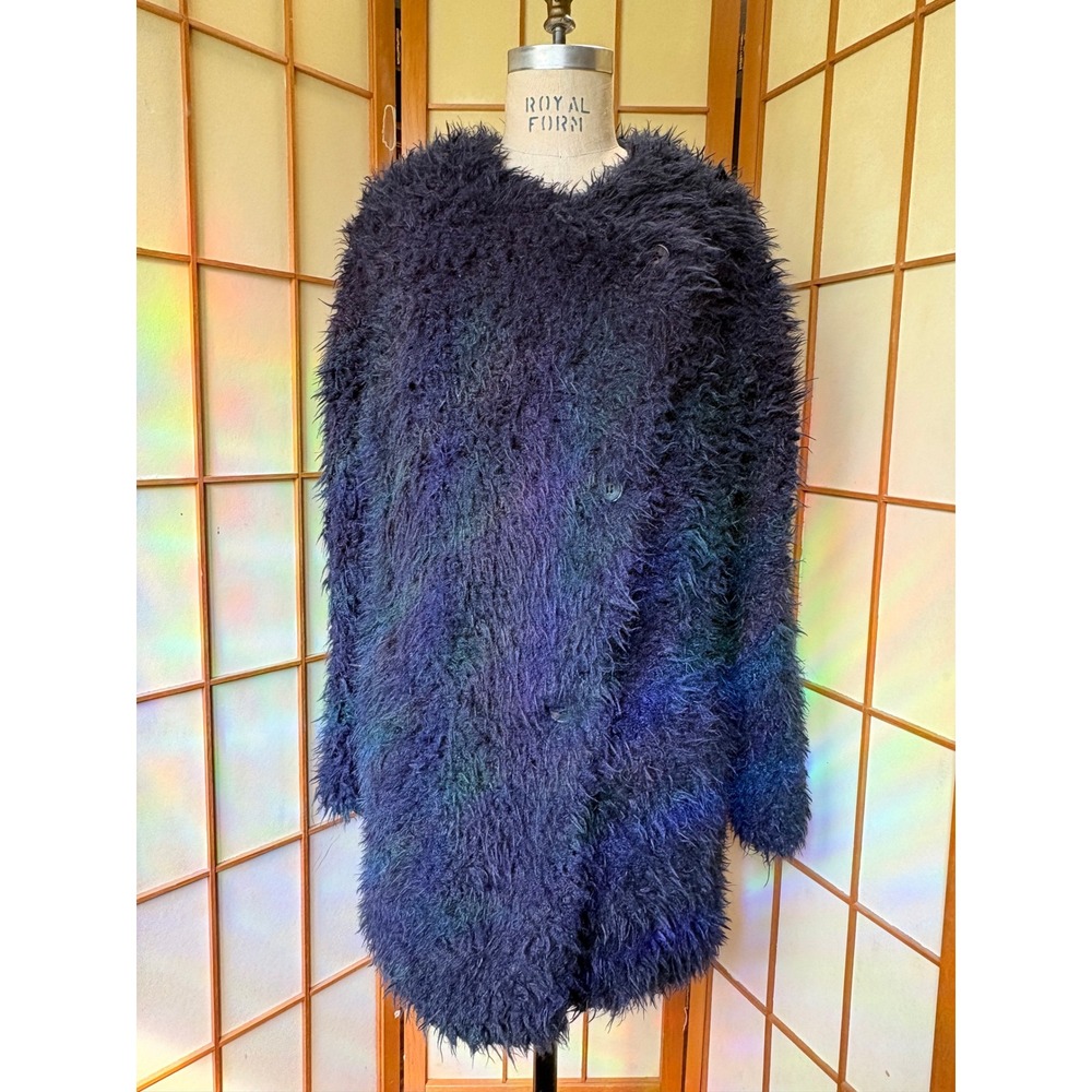 New Directions Shaggy Faux Fur Coat Navy Teal Iridescent Eyelash Jacket Medium